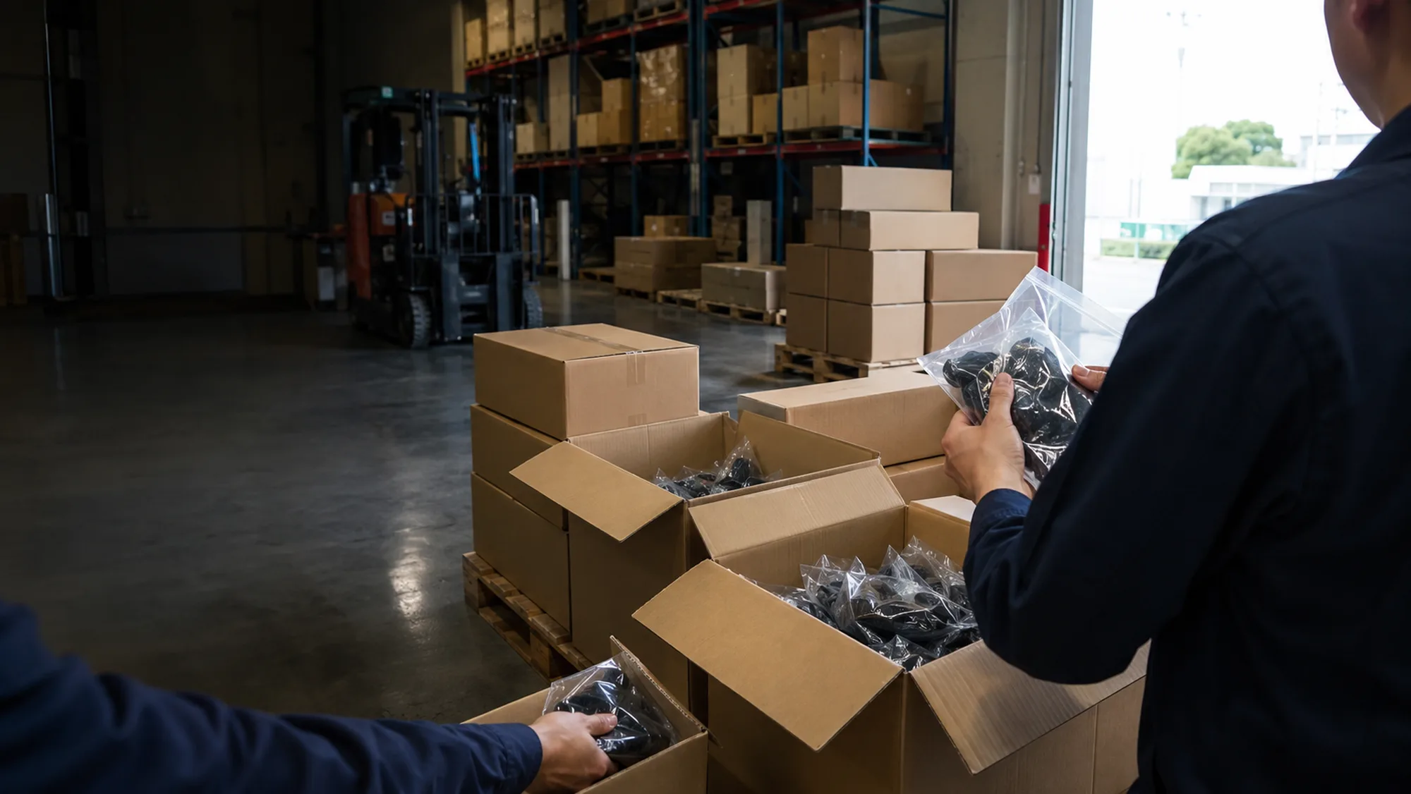 海外から届いた荷を開梱し、商品を一点ずつ検品している物流倉庫の手元